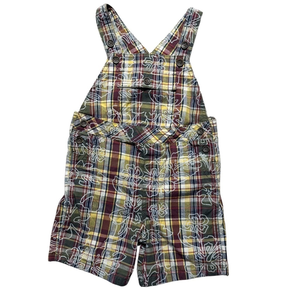 Janie & Jack 2T overalls shortalls boys madras plaid brown green